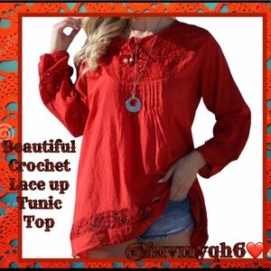 BEAUTIFUL Red Lace-Up Crochet Tunic Top.